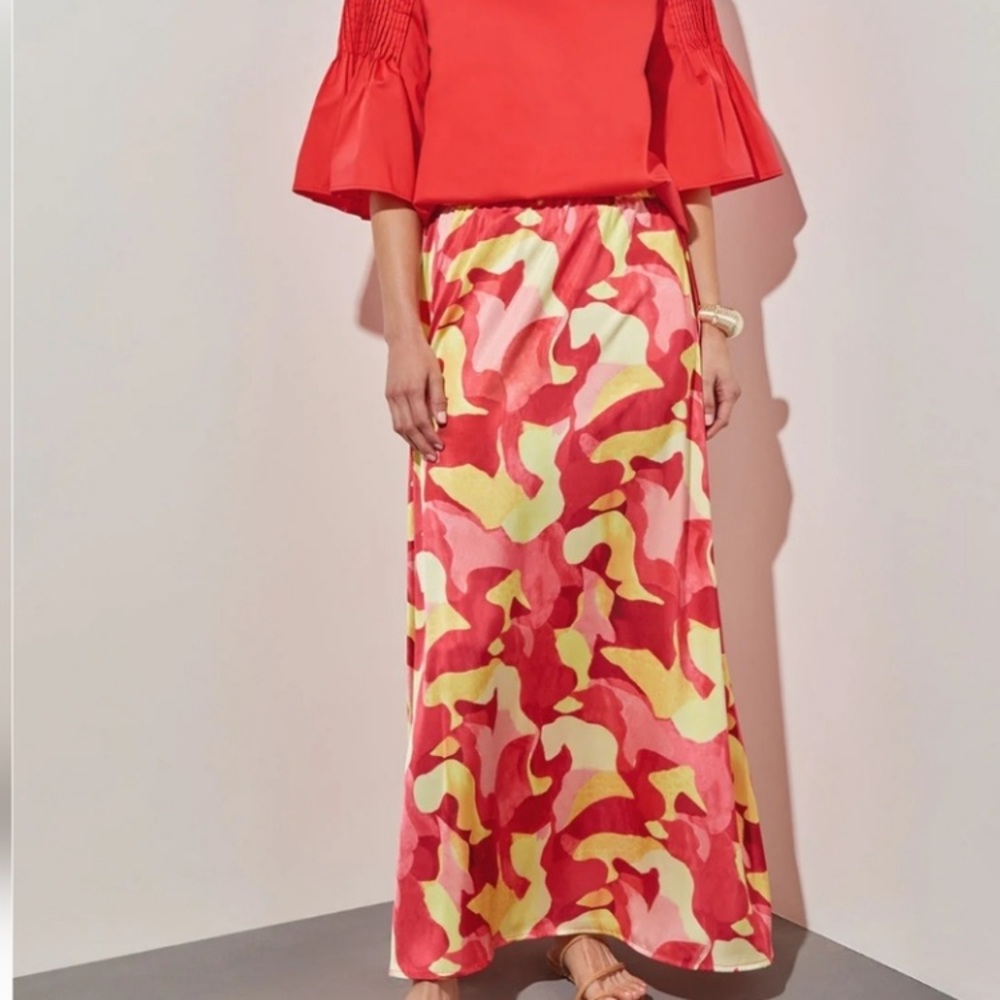 Ming Wang A-Line Crepe de Chine, Multi-Color Abstract Skirt